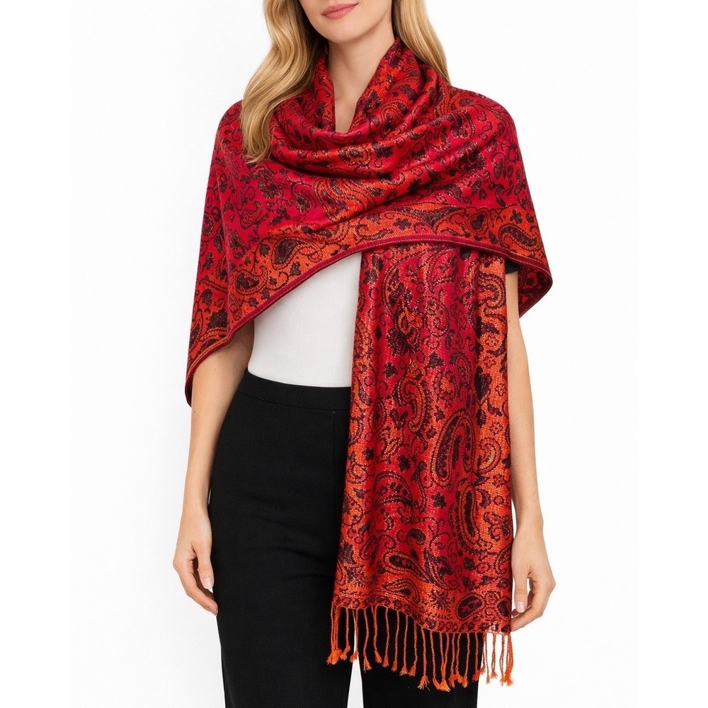 Pashmina Fringe Shawl Wrap Cashmere Silk Paisley Print Orange Pink Lagen look